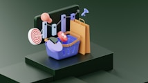 A 3D illustration featuring a series of shopping-related elements such as a shopping basket, a target, a lightbulb, a paper bag, and various charts or graphs. These objects are positioned on a dark green stepped platform, suggesting elements of business and marketing.