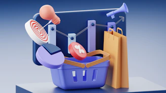 A shopping basket, paper bag, target, and chart icons on a blue background