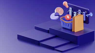 a purple background with a basket of items and a target