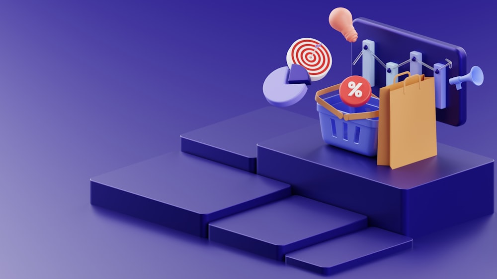a purple background with a basket of items and a target