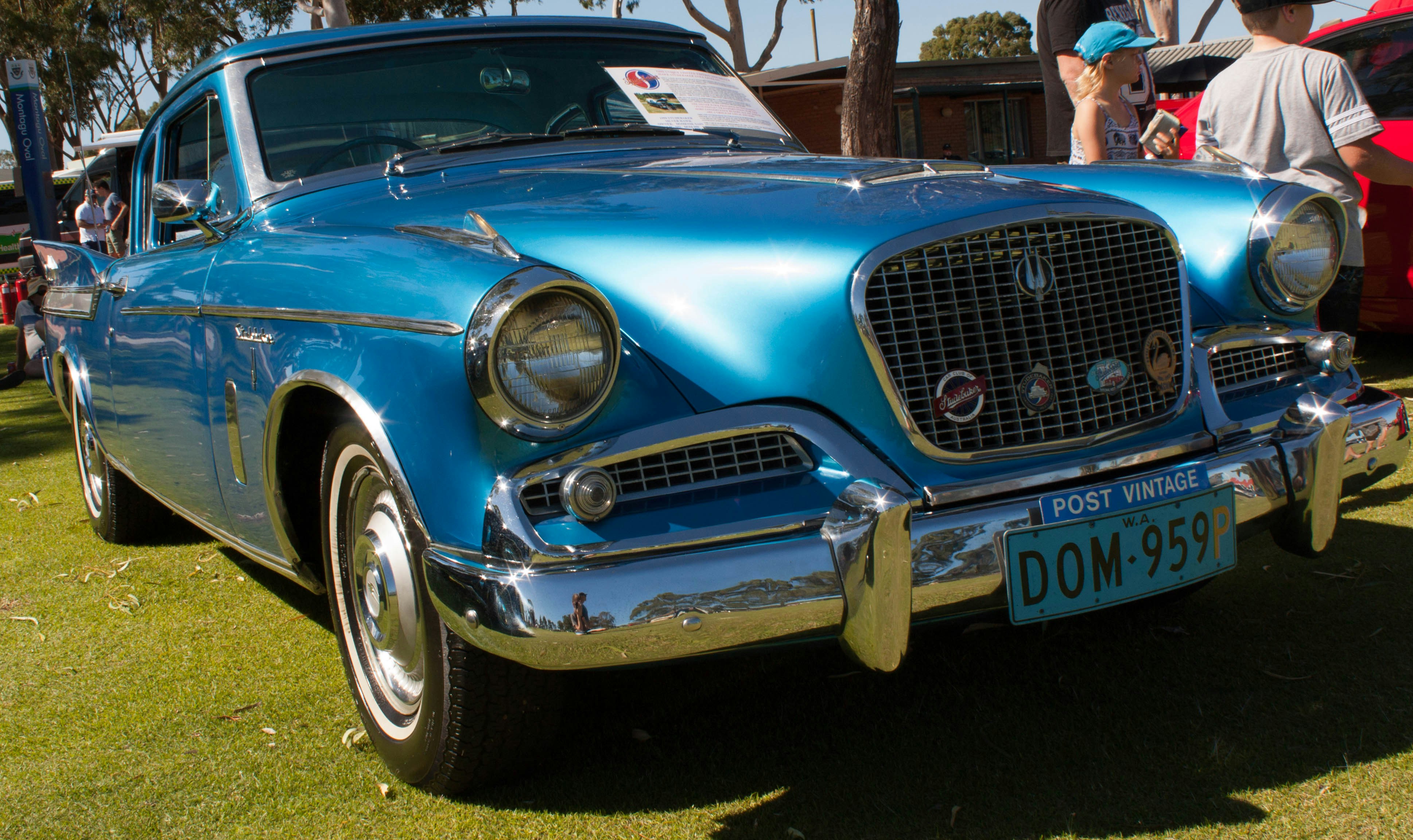 Ein blaues Auto, das auf einem üppigen grünen Feld geparkt ist