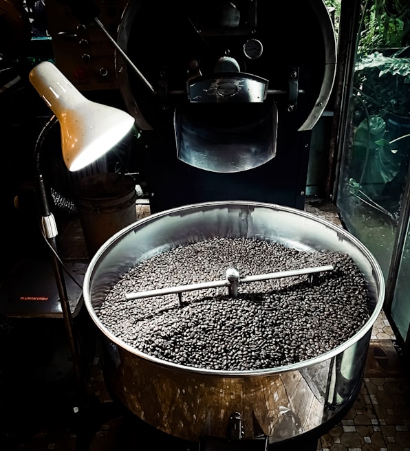 A large metal roasting machine contains a substantial amount of freshly roasted coffee beans. The beans are dark and glossy, filling the bottom of the circular roasting drum. An industrial-style lamp illuminates part of the machine, creating a contrast between light and shadow. The surrounding environment suggests an industrial or artisanal processing space, with the machine dominating the foreground.