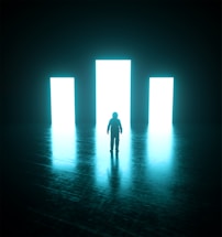 a person standing in front of a doorway in a dark room