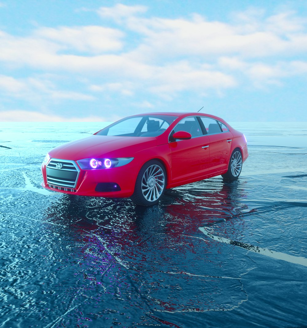 a red car sitting on top of a body of water