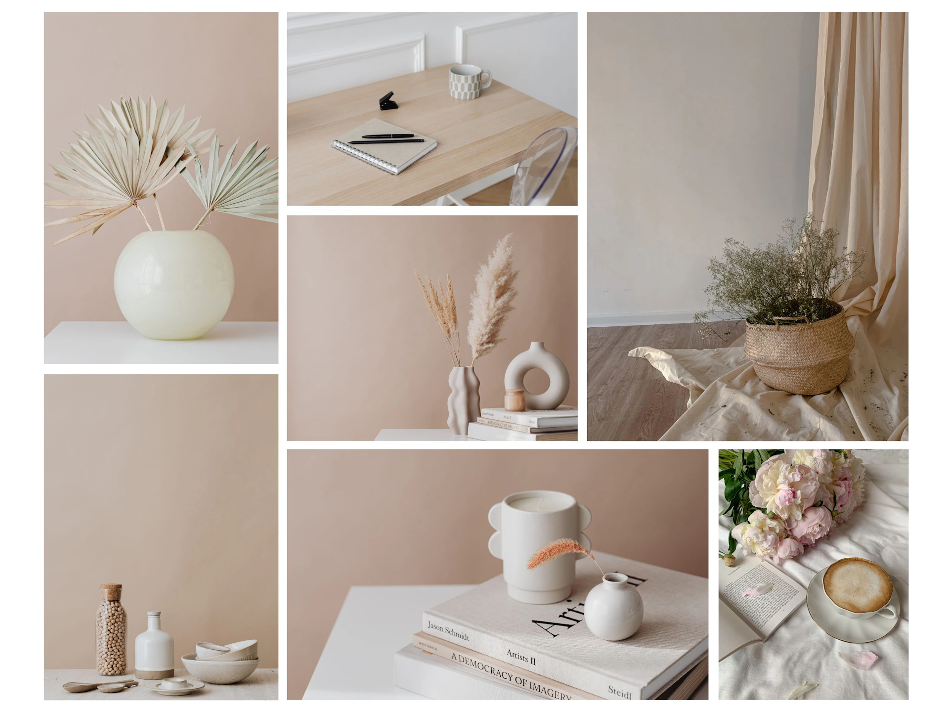 a collage of photos of a table with a vase, a book, a