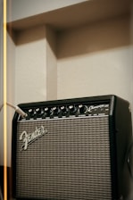 a fender guitar amplifier sitting on a shelf