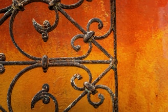 A close-up view of an ornate, wrought iron gate set against a vivid, textured orange-red wall. The ironwork features intricate swirling patterns, suggesting craftsmanship and age.