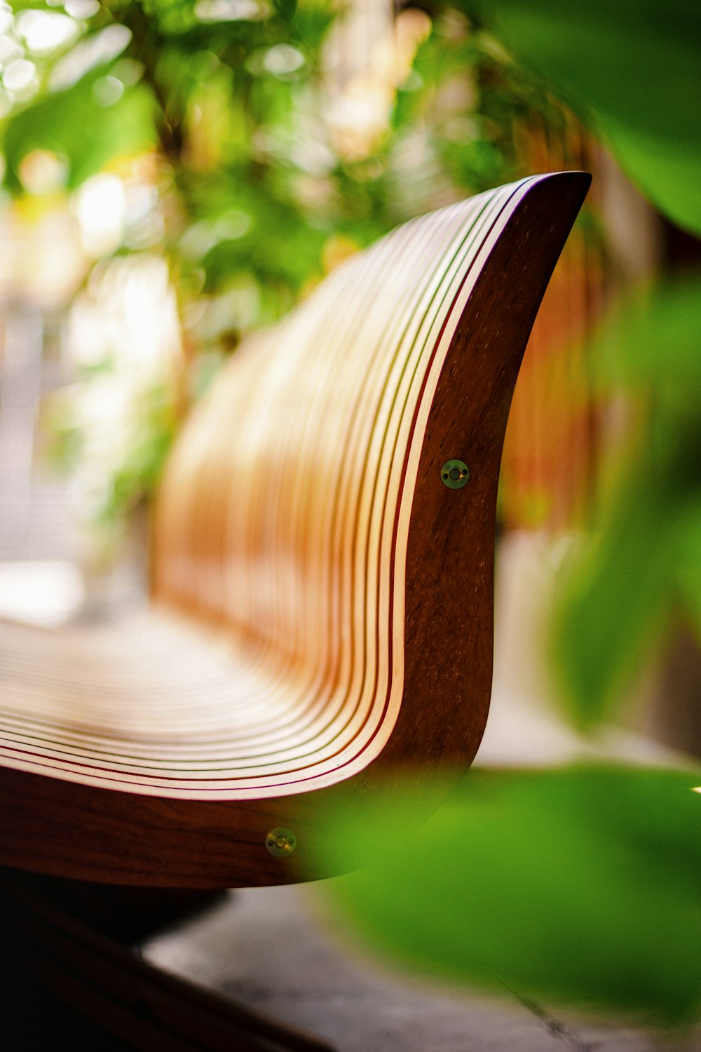 a close up of a wooden bench near a tree