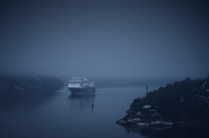 A large cruise ship navigates through a misty waterway surrounded by dark, forested cliffs. The scene is enveloped in fog, creating a mysterious and serene atmosphere.