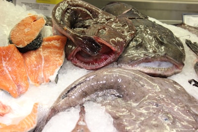 Several fish varieties on ice, including whole fish with open mouths and salmon fillets. The fish display is arranged on crushed ice, highlighting the freshness of the seafood.