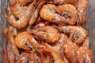An overhead view of shrimp being processed in a clean, modern facility.