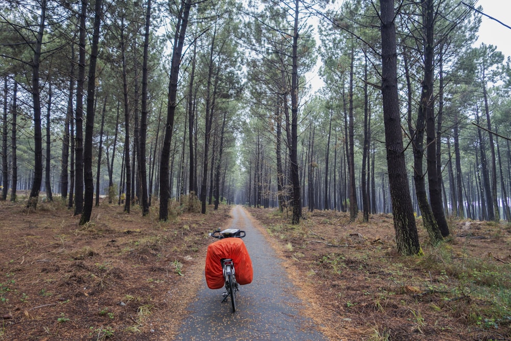 a person in an orange jacket riding a bike in the woods