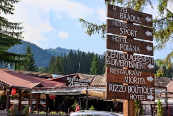 A wooden signpost with several directions labeled for hotels and restaurants in front of a rustic building. The background features a scenic view of pine trees and mountains under a blue sky.
