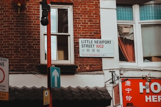 a street sign in front of a brick building