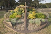 A large, weathered anchor is set prominently within a landscaped garden area, surrounded by various lush plants and flowers. The background reveals a park-like setting with tall trees and open grassy areas.