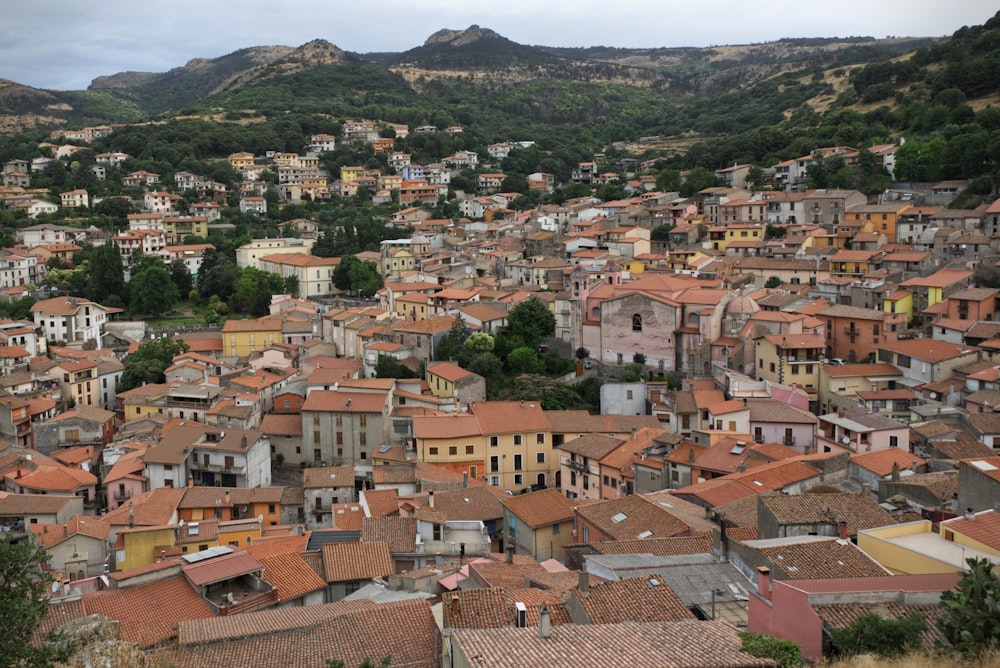 a view of a city with a mountain in the background