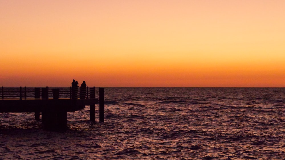 a couple of people standing on a pier next to the ocean