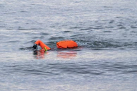 A focused young swimmer practicing kicking techniques with a floatation aid.