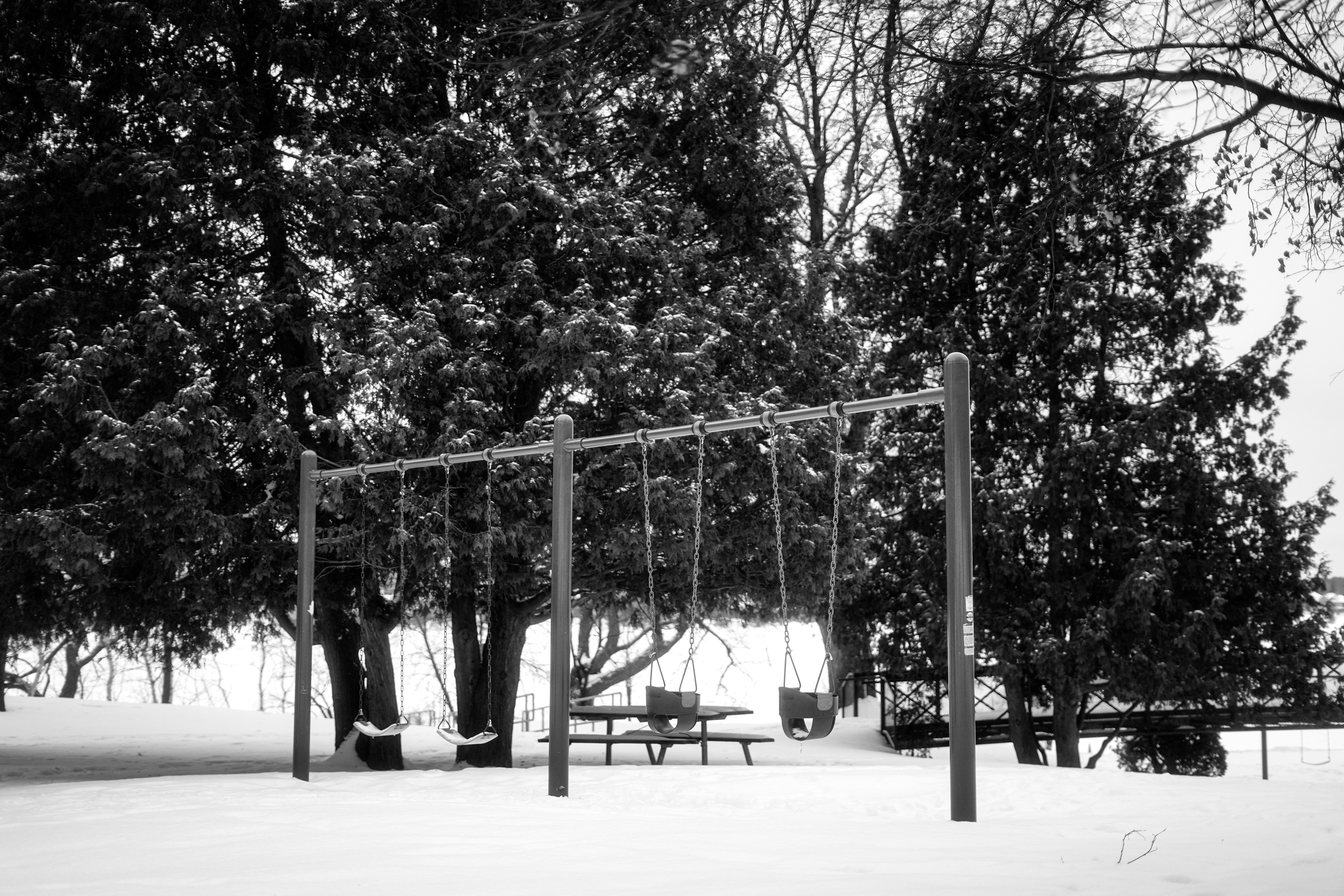 a black and white photo of a snow covered park