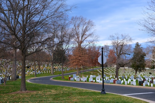 A cemetery with numerous white and gray headstones is situated on neatly maintained green grass. Leafless trees are scattered throughout the area, and a winding paved road divides the cemetery. The sky is overcast with shades of blue and gray, adding to the solemn atmosphere.
