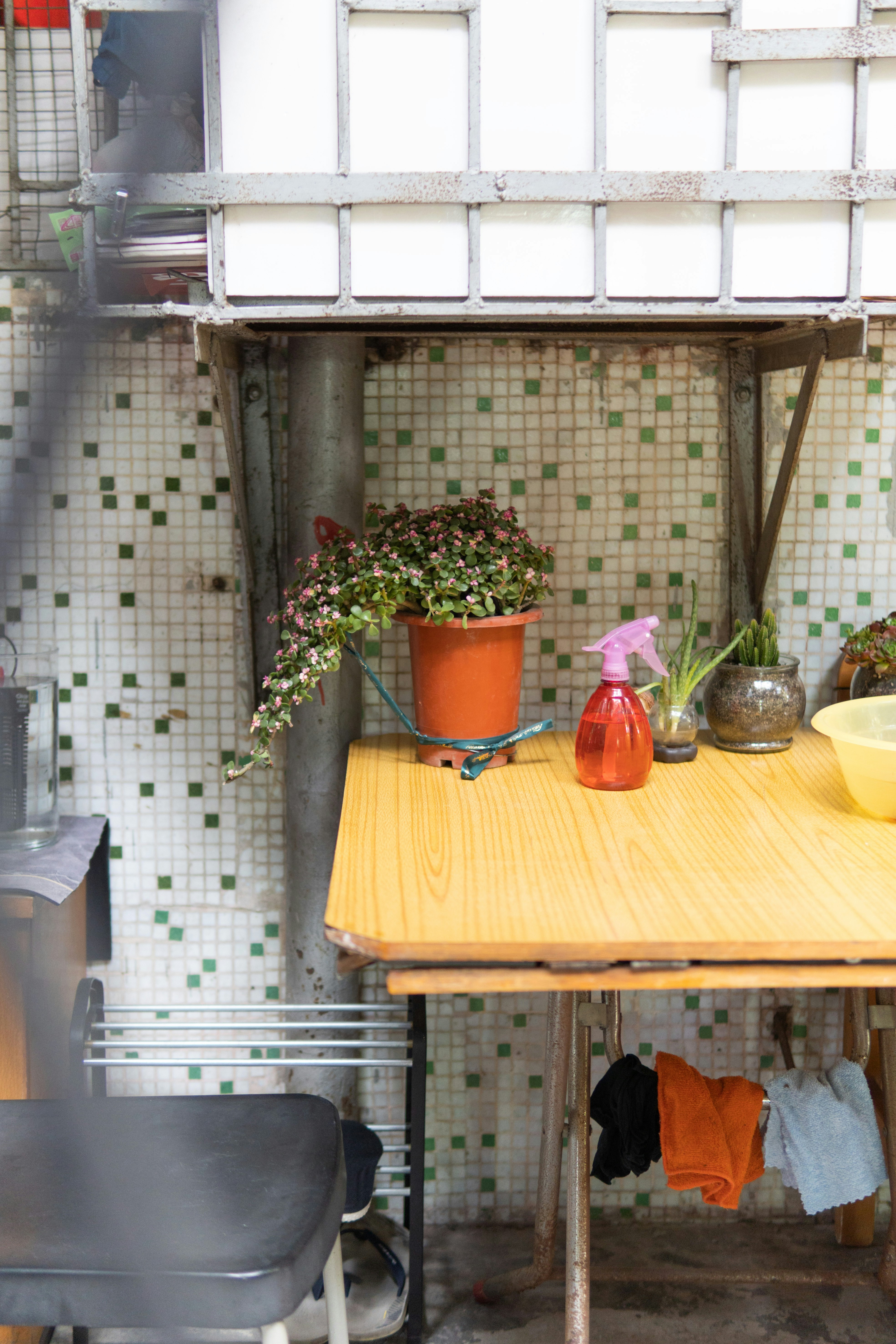a wooden table topped with a potted plant