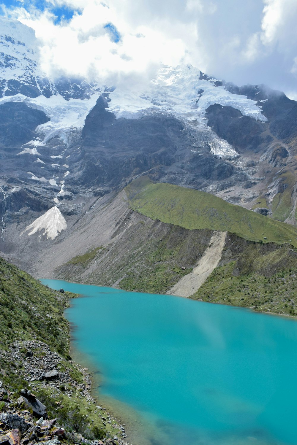 a blue lake surrounded by mountains under a cloudy sky