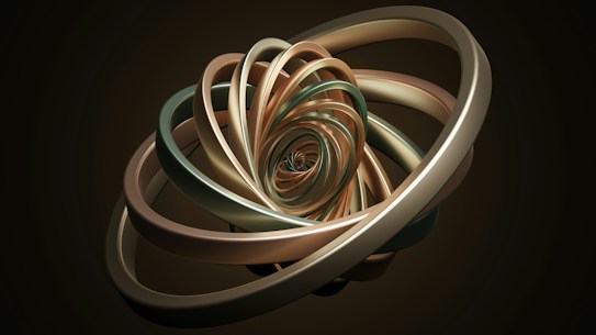 An abstract 3D design featuring a complex intertwining of curved bands in metallic tones, including shades of bronze, gold, and green, forming a symmetrical and intricate pattern against a dark background.