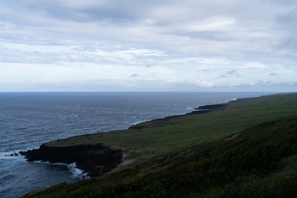 a view of the ocean from a grassy hill