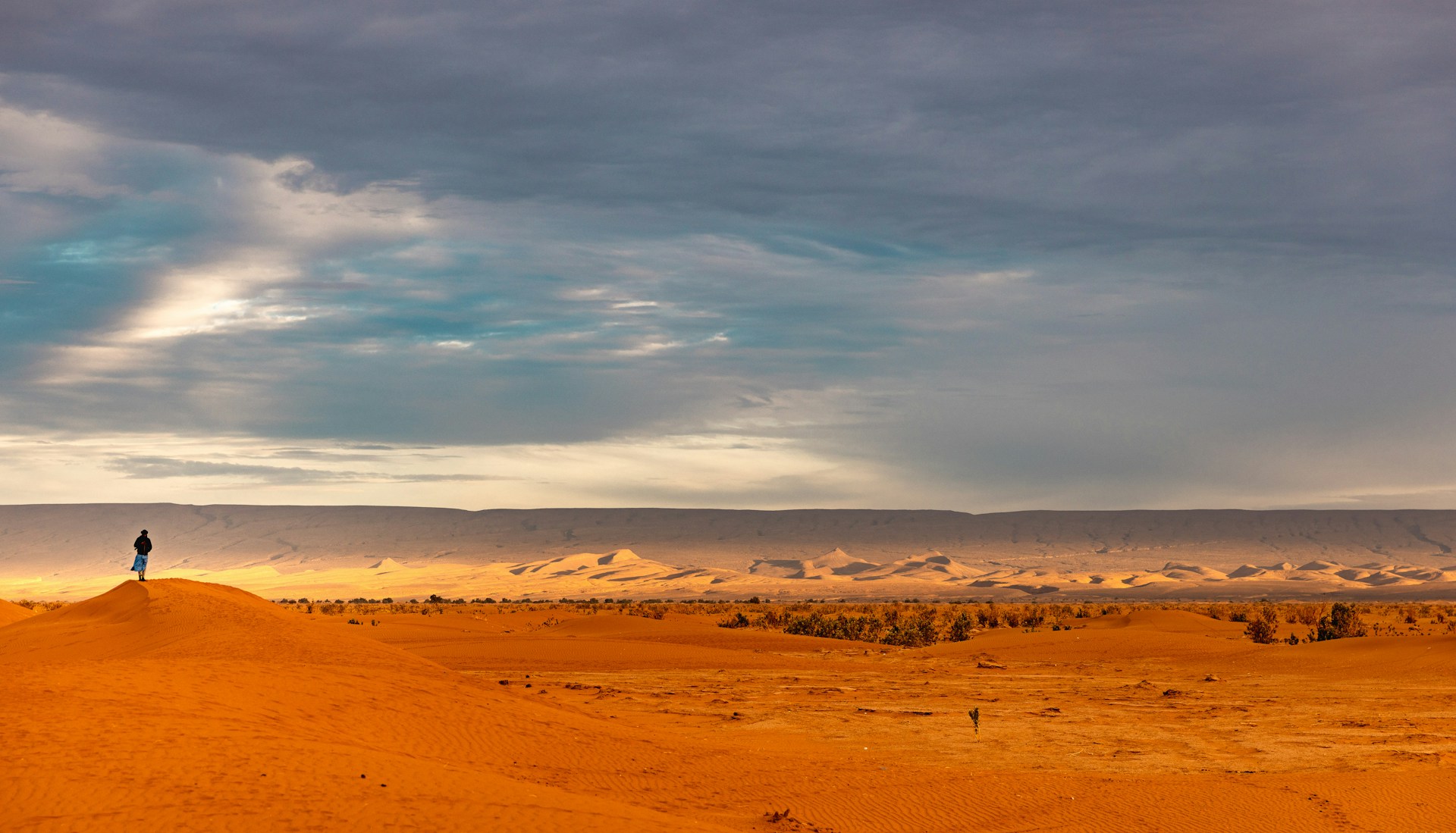 a lone person standing on top of a sand dune