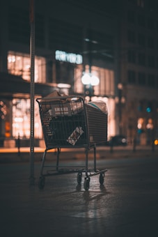 A shopping cart is positioned in the middle of a dimly lit street or sidewalk, partially filled with various items. The background features a softly illuminated building with large windows and some blurred streetlights, giving the scene an urban night-time setting. The atmosphere suggests a feeling of quiet or isolation.