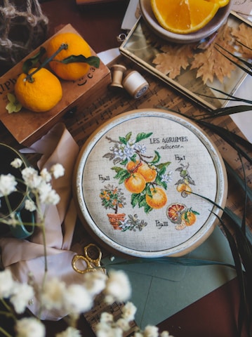 a close up of a cross stitch on a table