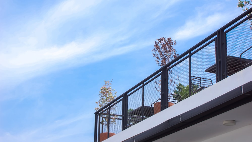 a balcony with a metal railing and a tree