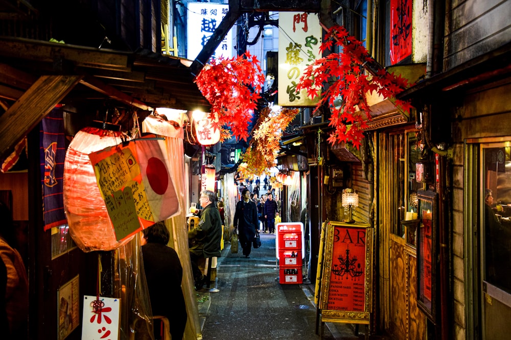 a narrow alley with lanterns hanging from the ceiling