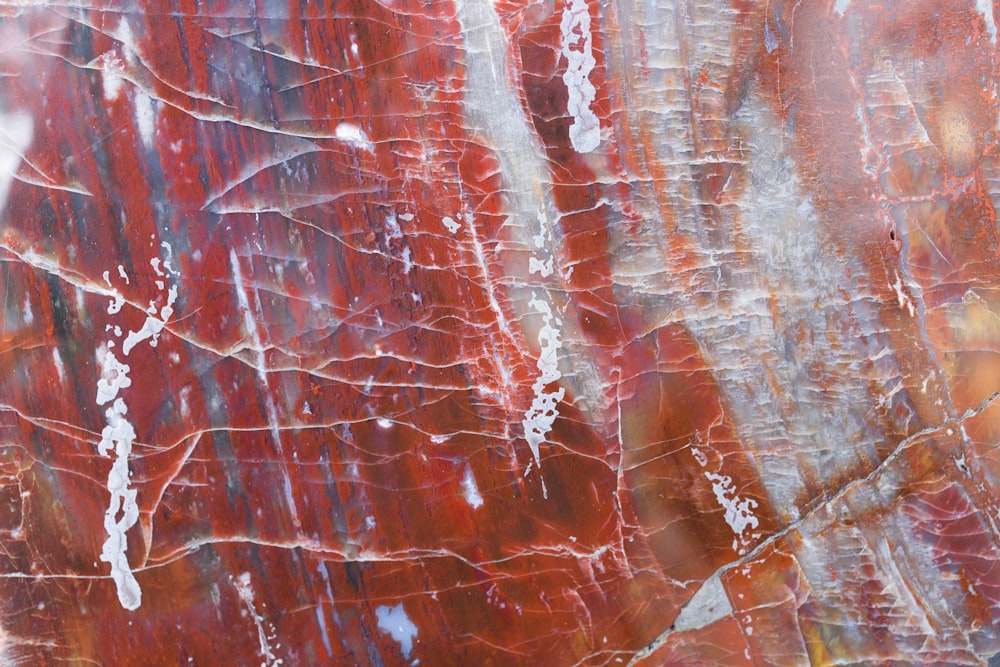a close up of a red and white marble