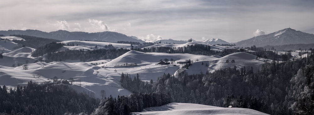 a snow covered mountain range with trees in the foreground