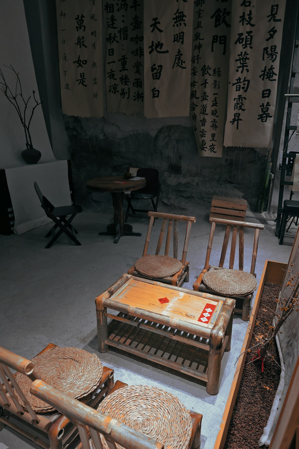 a group of wooden chairs sitting next to each other