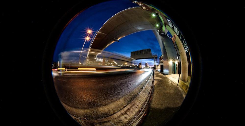 a view of a city street from a fish eye lens