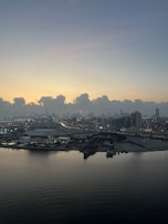 Panoramic shot of a business complex captured from above by a drone at dawn.