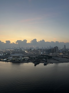 Panoramic shot of a business complex captured from above by a drone at dawn.
