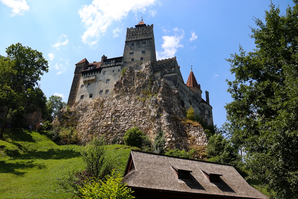 a large castle on top of a hill surrounded by trees