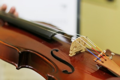 A close-up view of a string instrument, focusing on the bridge and strings. The instrument's wooden body has a rich brown finish, with vibrant strings in red, yellow, blue, and white.