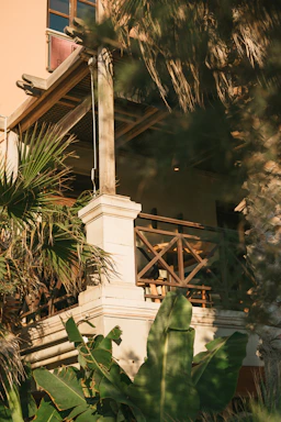 A cozy tropical resort lobby bathed in warm sunlight.