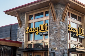A rustic building features a prominent signage with the words 'Lazy Dog' in bright yellow letters. The structure is made of stone and wood, with large windows. The ambiance suggests a cozy eatery or bar.