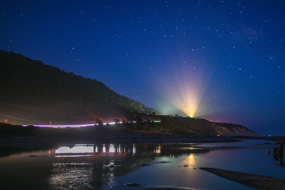 a night time view of a body of water