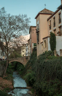 a river running under a bridge next to tall buildings