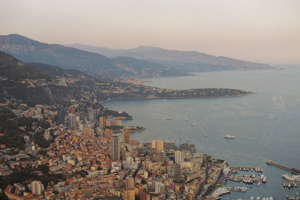 an aerial view of a city and a harbor