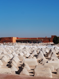 a large number of cement blocks in a field