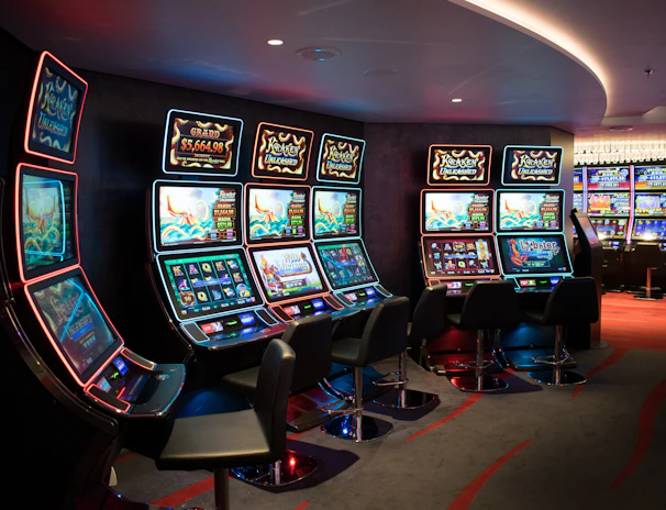 Top view of a desktop screen filled with various online slot game thumbnails