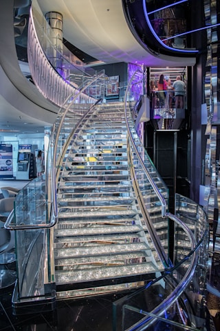 Close-up of a custom-made aluminum staircase installed in a modern home.