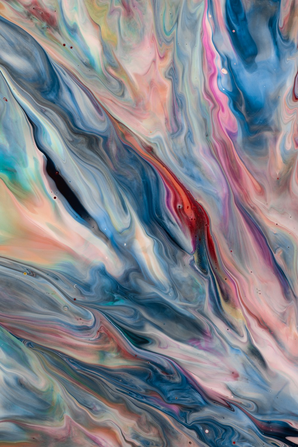 an abstract painting with blue, pink, and orange colors